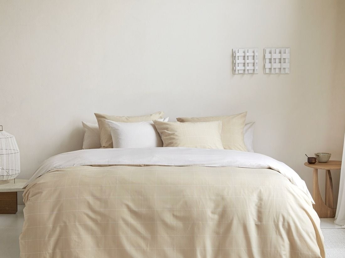Dekbedovertrek katoen TENCEL™ double face latte check/chambray 200x220 + 2/60x70