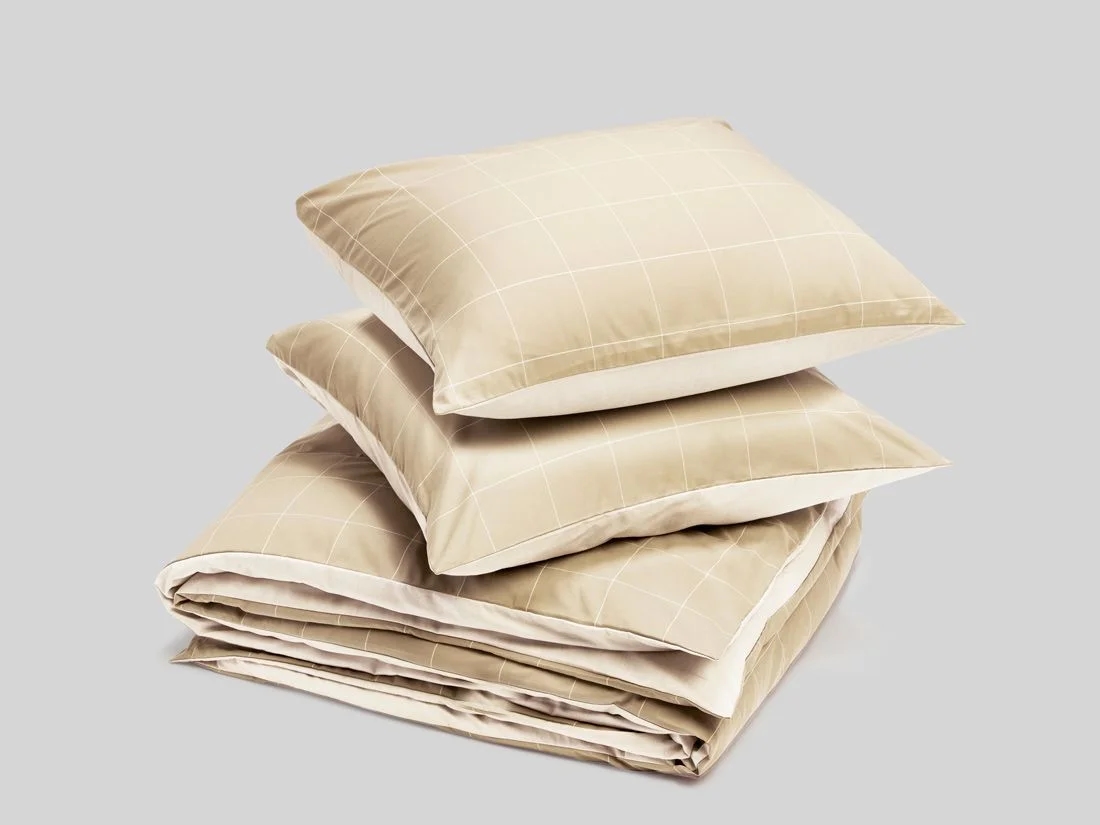 Dekbedovertrek katoen TENCEL™ double face latte check/chambray 200x220 + 2/60x70