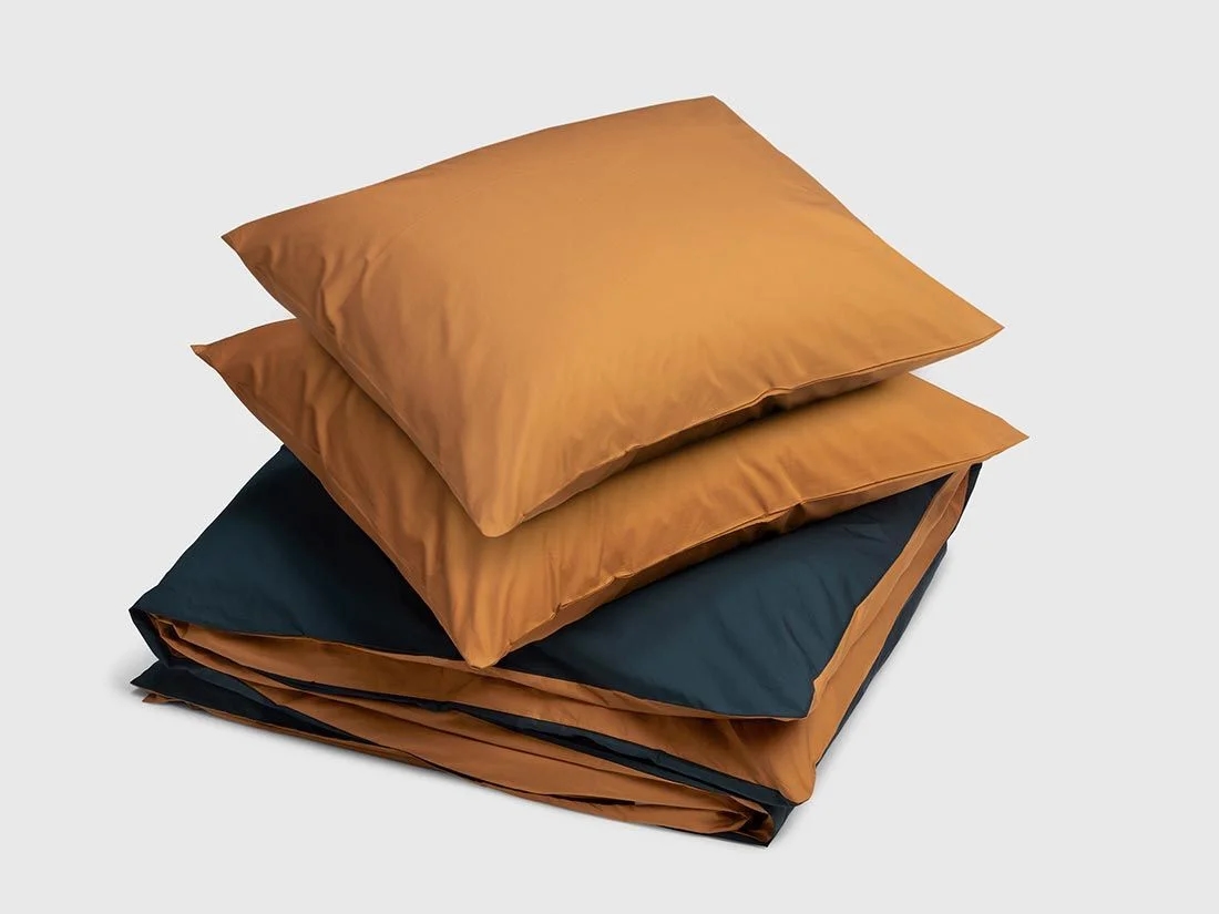 Dekbedovertrek percal double face ochre/navy 200x220 + 2/60x70