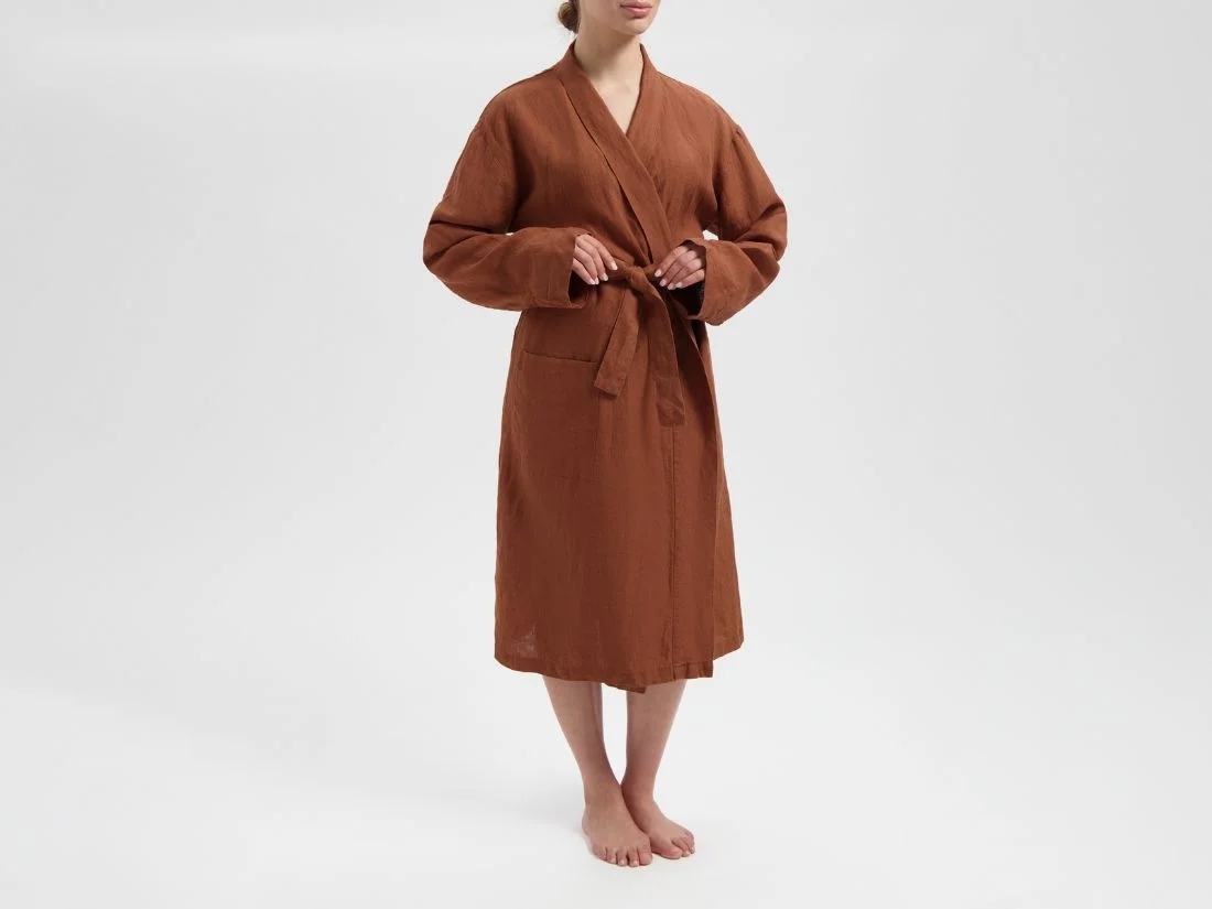 Kimono badjas gewassen linnen almond brown M
