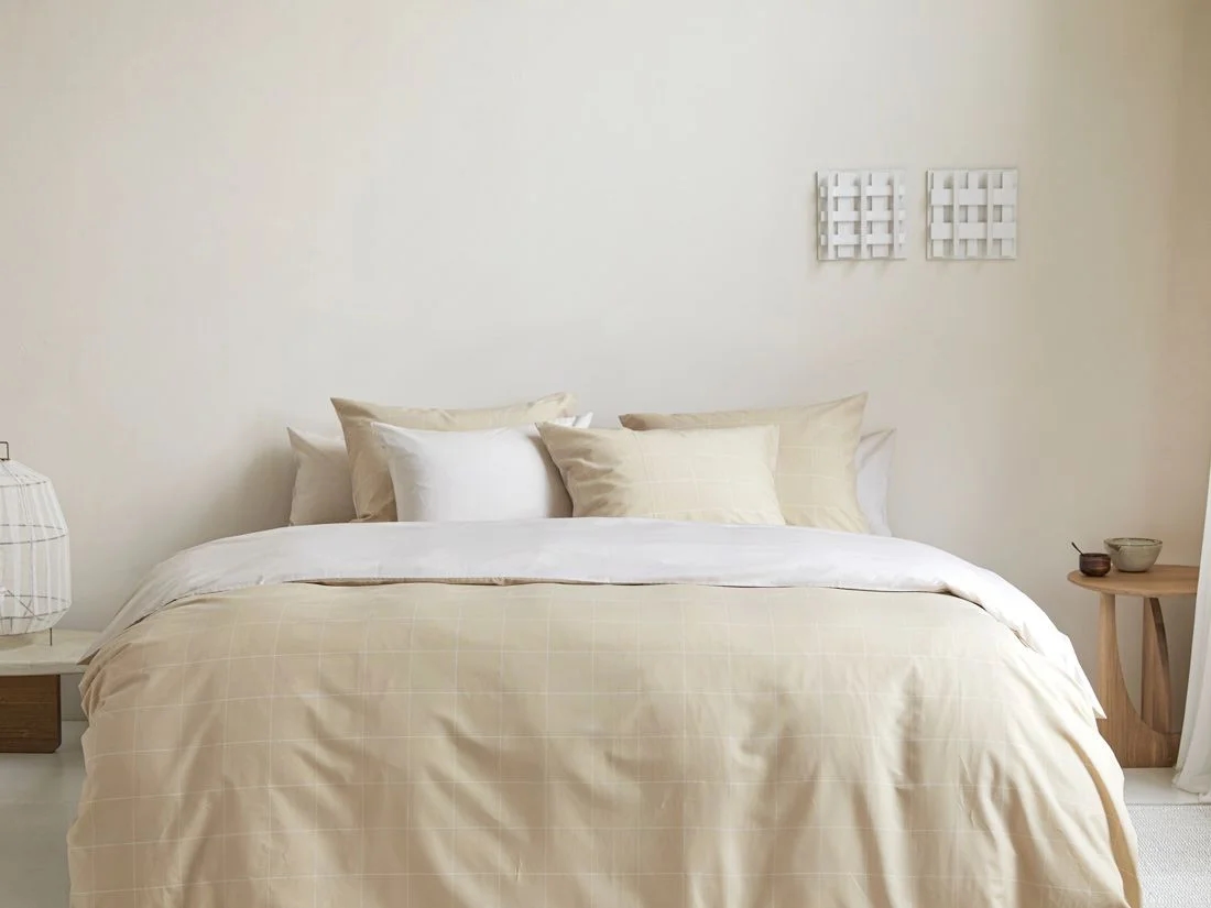 Dekbedovertrek katoen TENCEL™ double face latte check/chambray