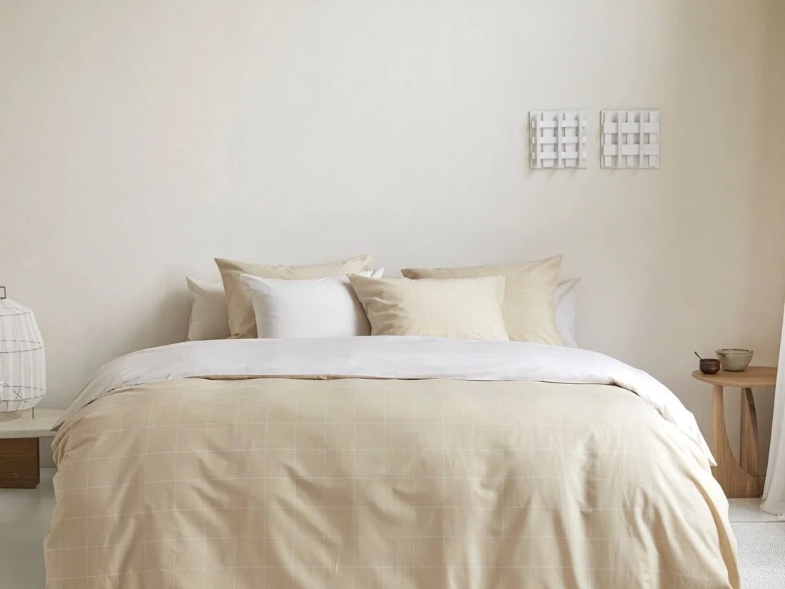 Dekbedovertrek katoen TENCEL™ double face latte check/chambray 200x220 + 2/60x70