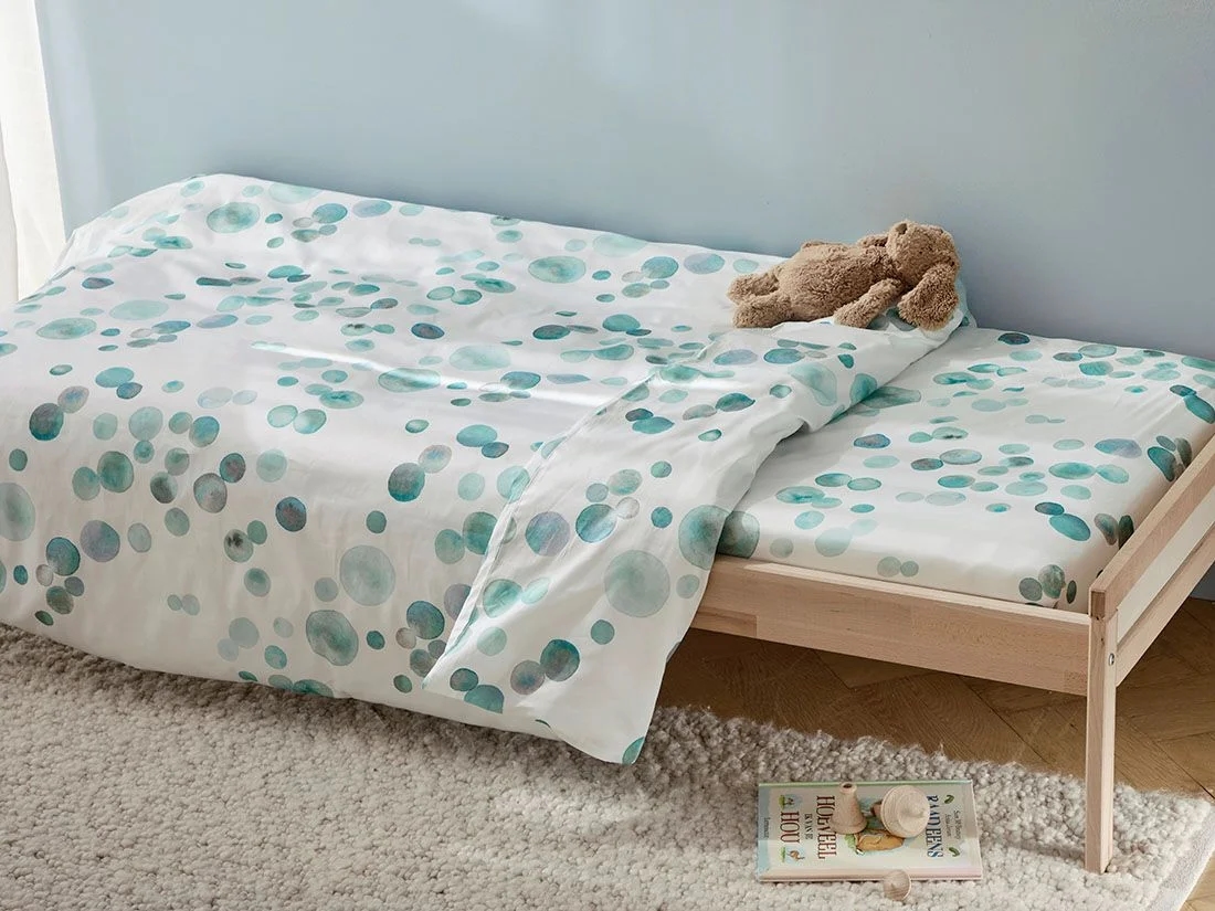 Kinderdekbedovertrek katoen satijn watercolor dots sea green