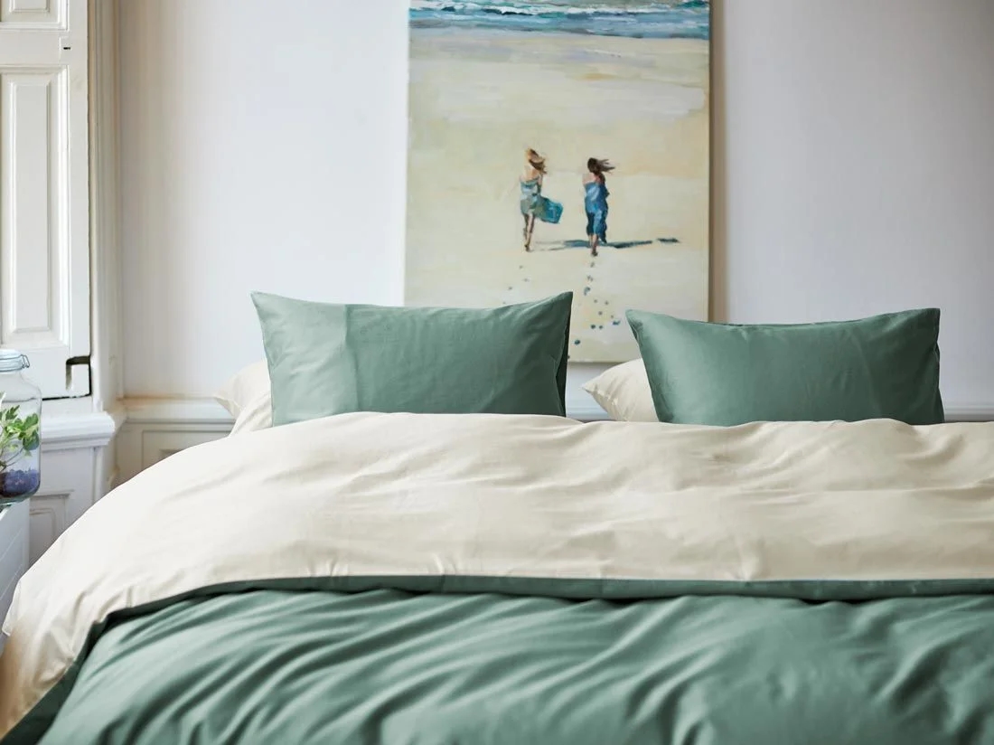 Dekbedovertrek katoen satijn double face sandy/green
