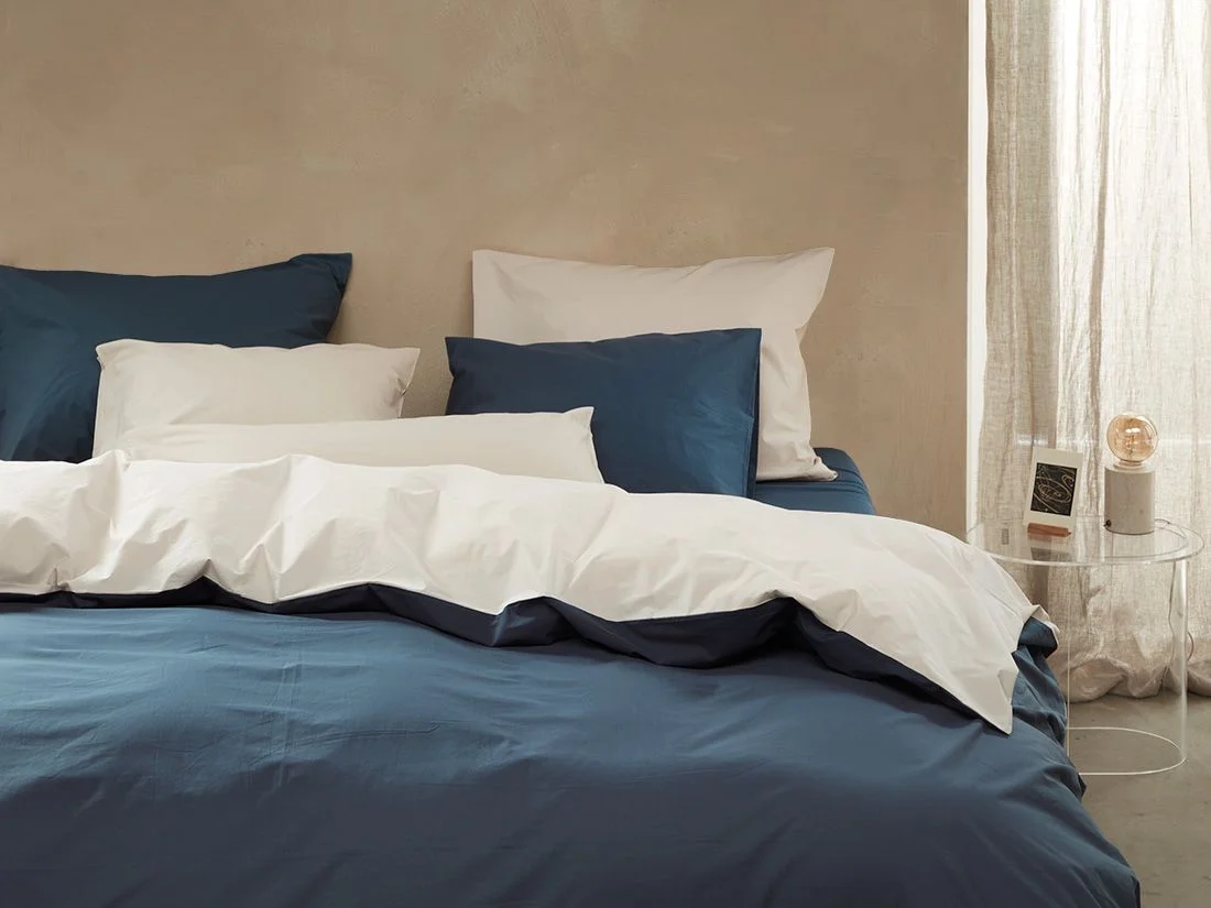 Dekbedovertrek percal katoen double face blue/sand