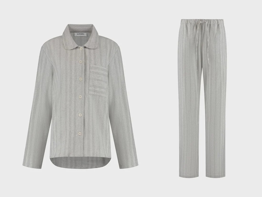 Pyjamaset dames flanel light grey/white stripe