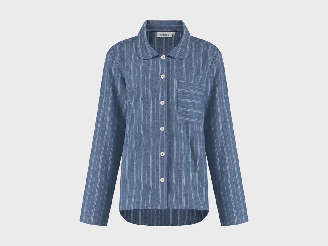 Pyjamashirt dames flanel denim blue/white stripe