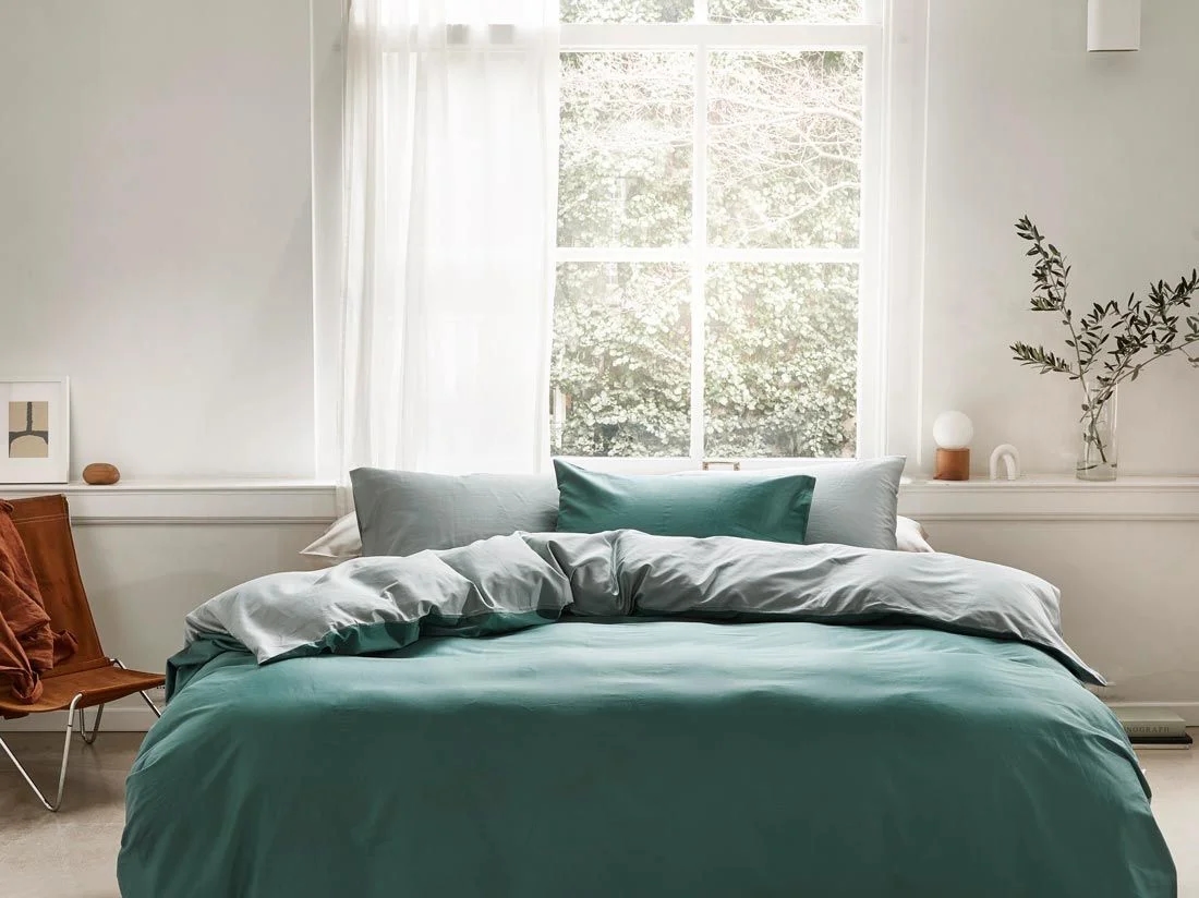 Dekbedovertrek katoen satijn double face green 140x220 + 1/60x70