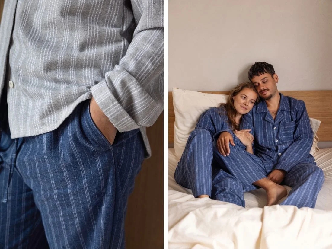 Pyjamabroek heren flanel denim blue/white stripe