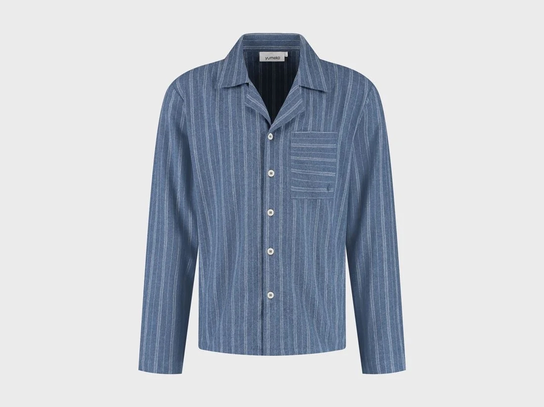 Pyjamashirt heren flanel denim blue/white stripe